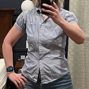 Blue Striped Short Sleeve Button-Up Shirt With Front Pocket